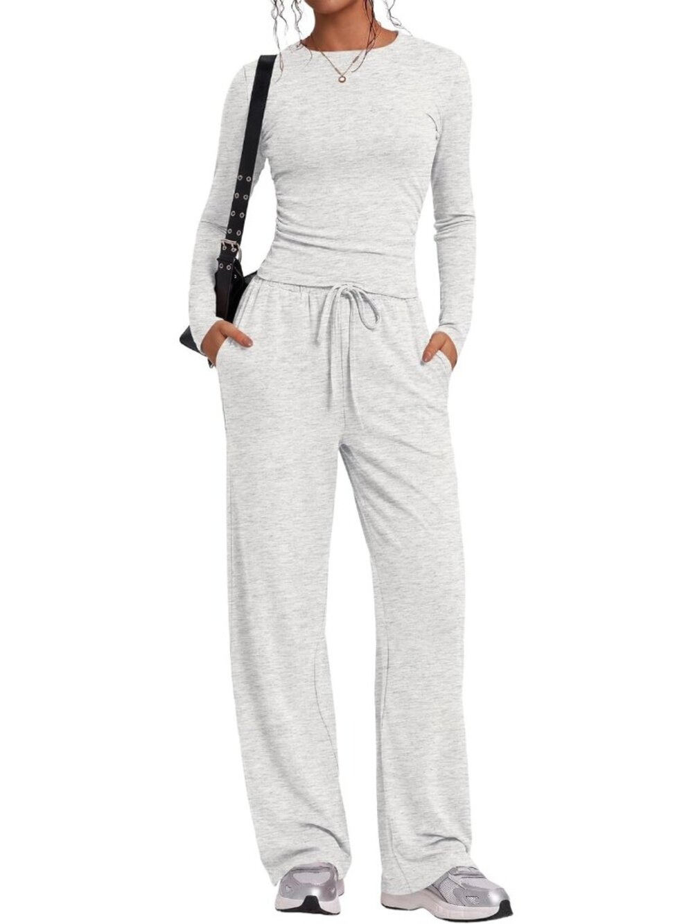 Chic Women's 2-Piece Lounge Set | Wide Leg Pants & Long Sleeve Top Outfit